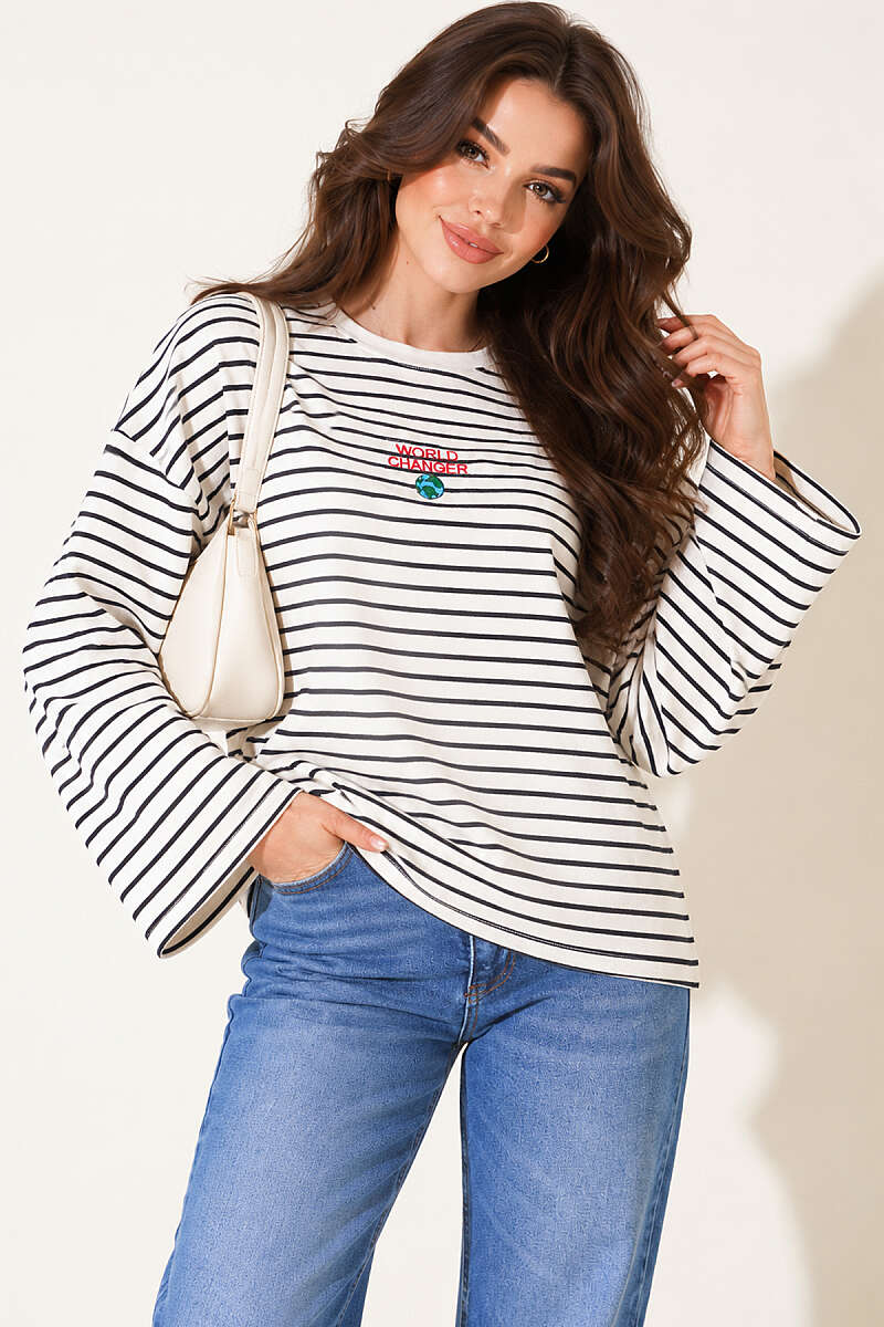 Striped Sweatshirt with Embroidered Front - Black