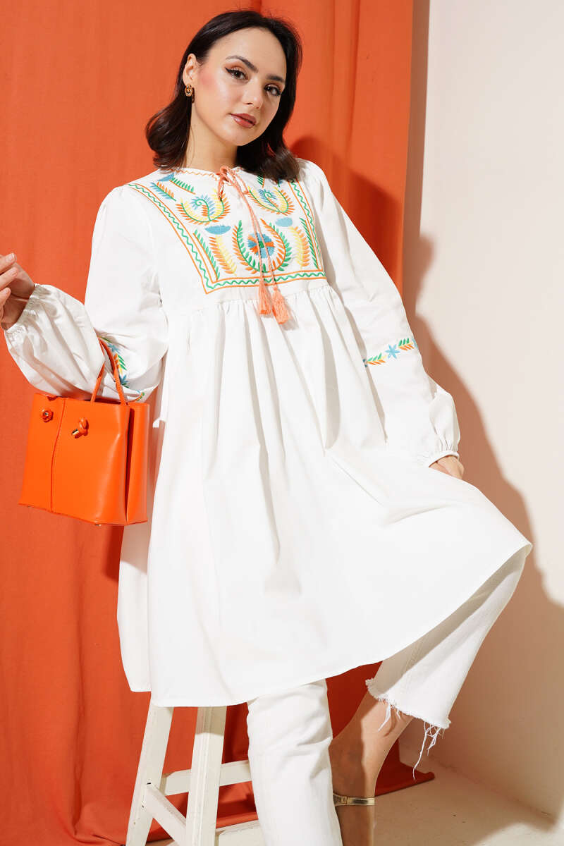 Embroidered Tunic with Tassel Cords - Orange