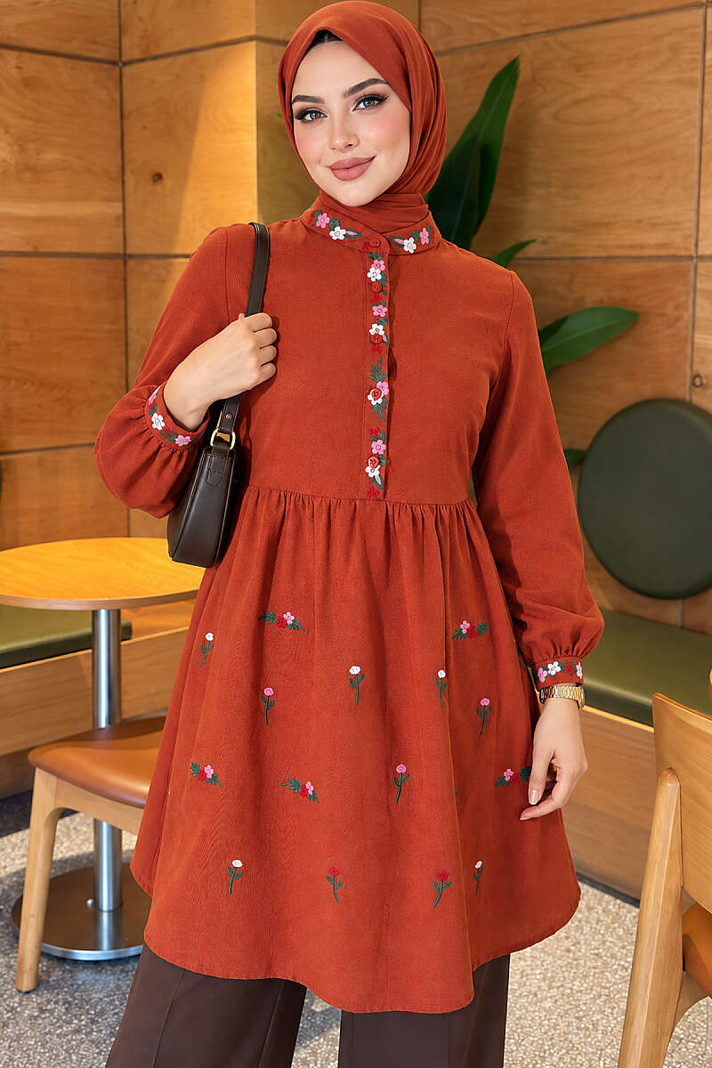 Half-Button Tunic with Front Embroidery - Brick