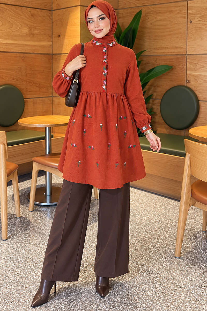 Half-Button Tunic with Front Embroidery - Brick