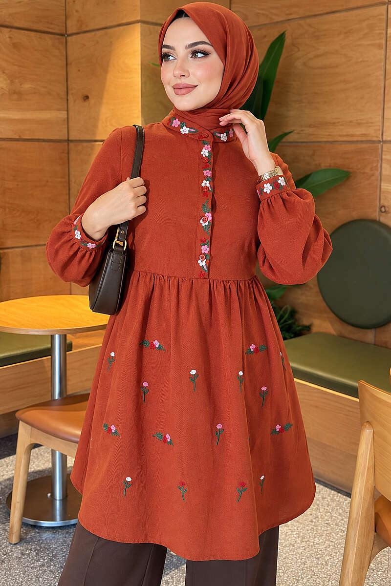 Half-Button Tunic with Front Embroidery - Brick