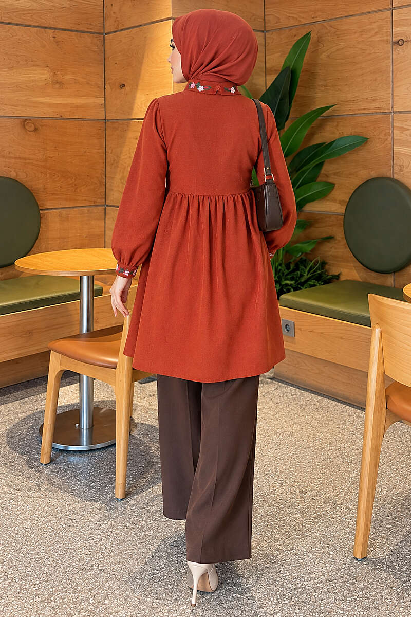 Half-Button Tunic with Front Embroidery - Brick