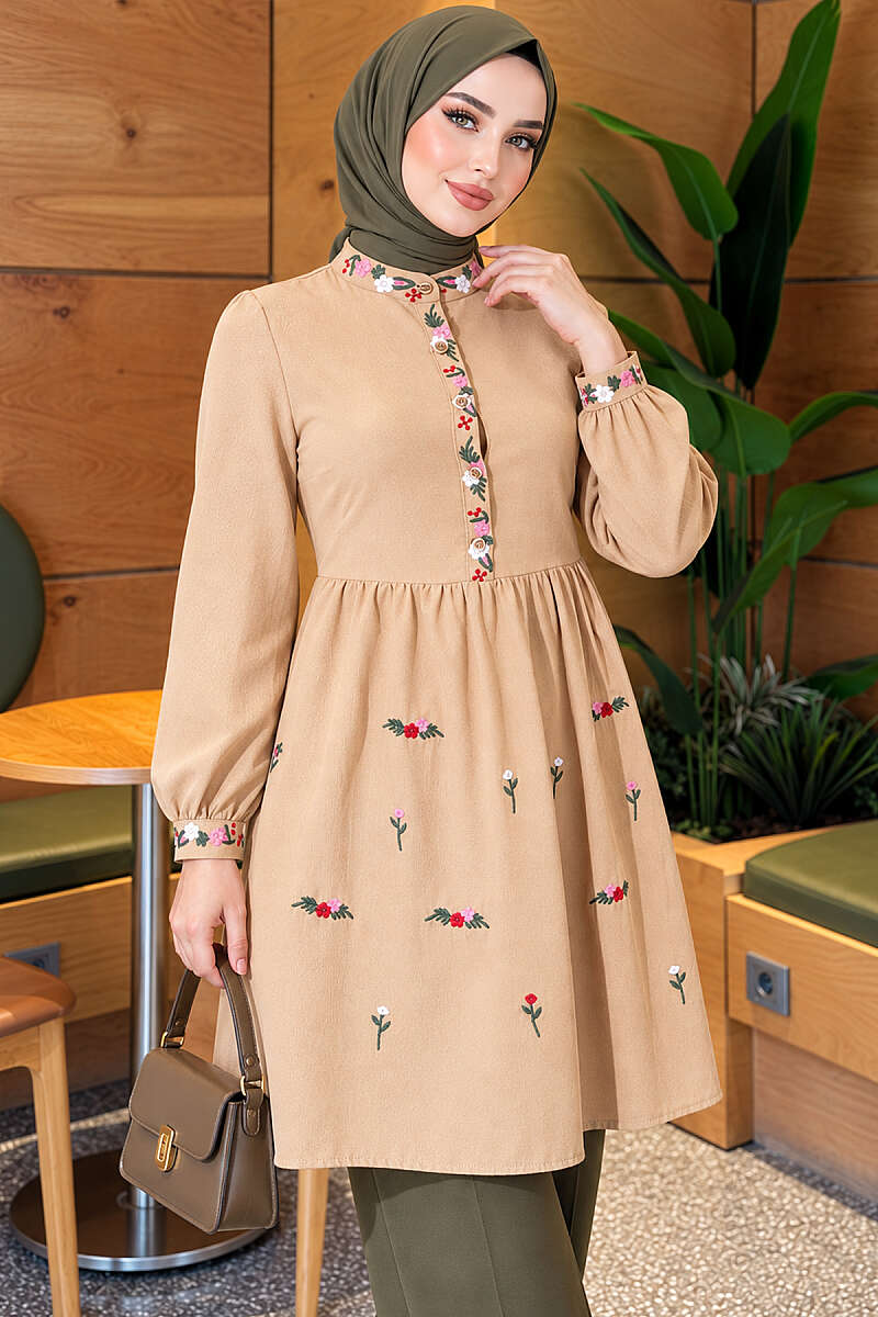 Half-Button Tunic with Front Embroidery - Latte