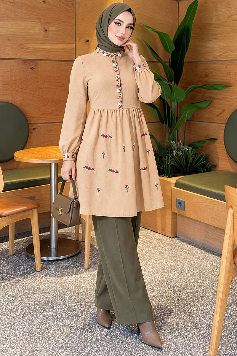 Half-Button Tunic with Front Embroidery - Latte