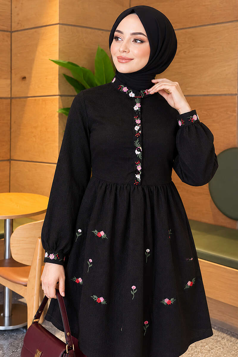 Half-Button Tunic with Front Embroidery - Black