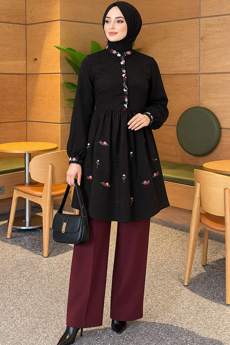 Half-Button Tunic with Front Embroidery - Black