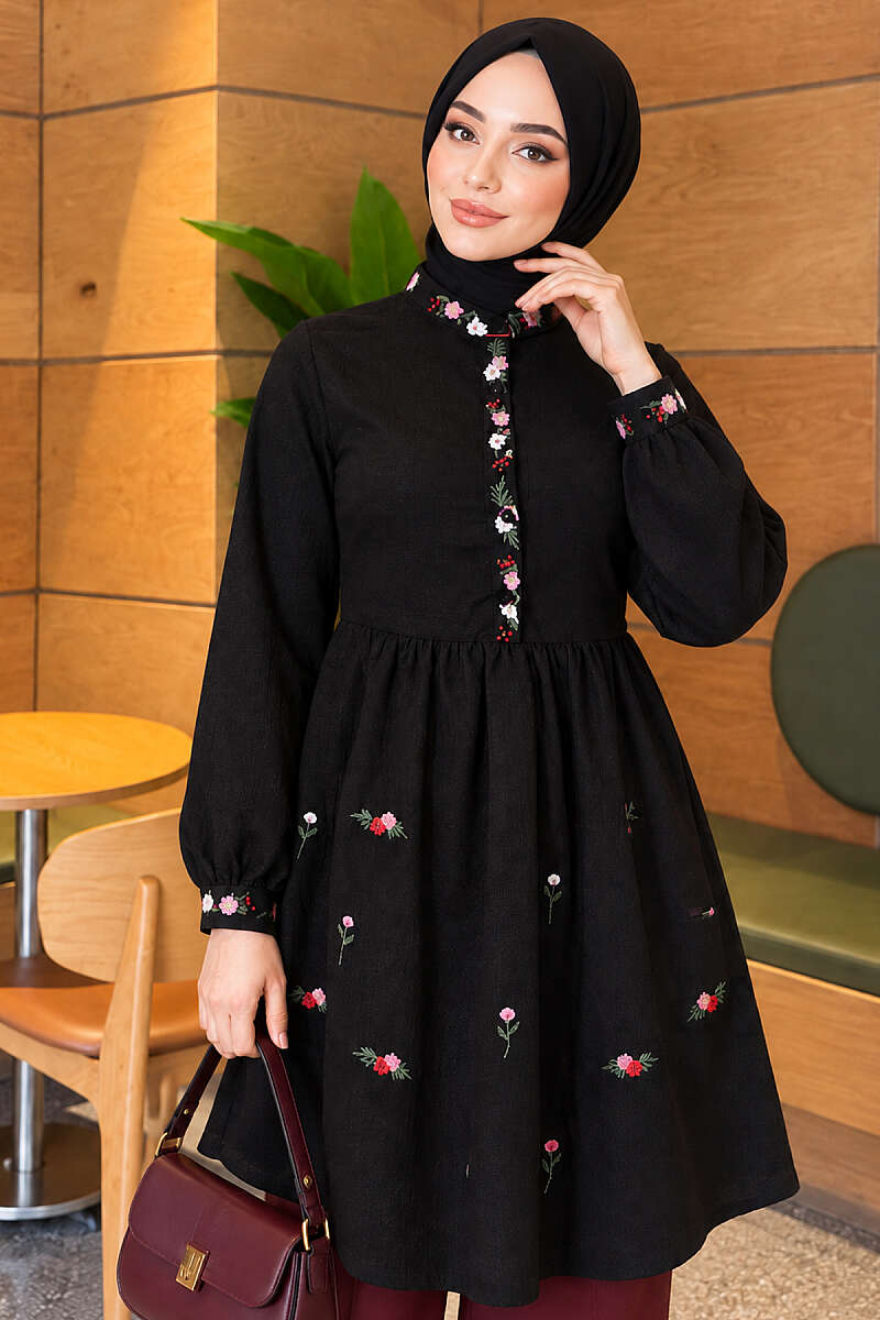 Half-Button Tunic with Front Embroidery - Black