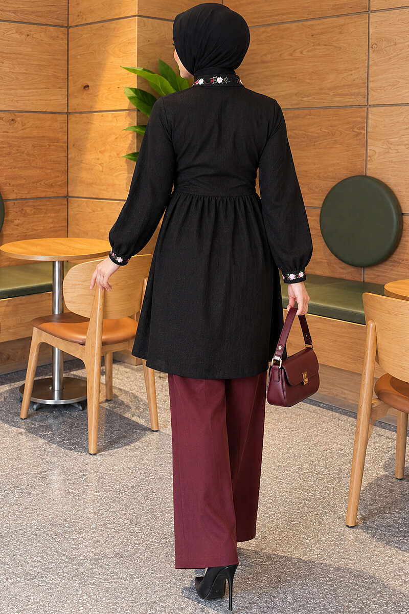 Half-Button Tunic with Front Embroidery - Black