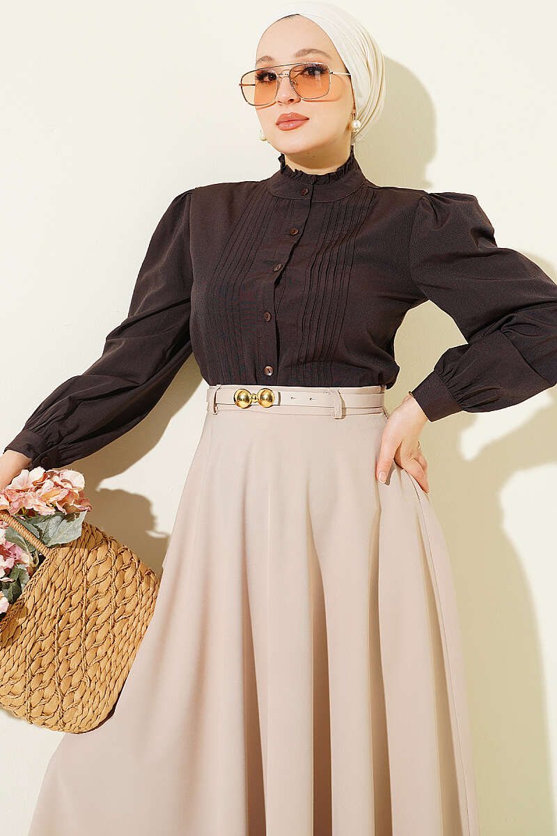 Short Shirt with Pintuck Front - Dark Brown