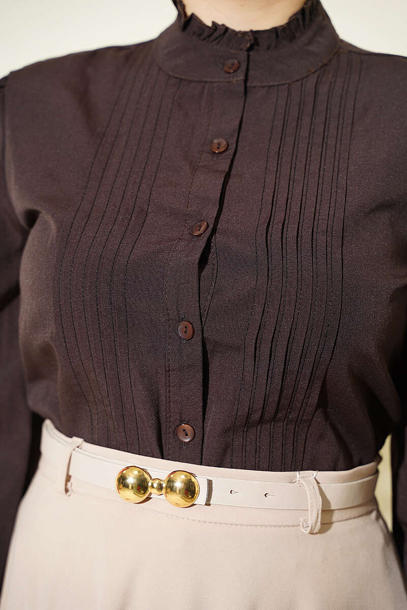 Short Shirt with Pintuck Front - Dark Brown