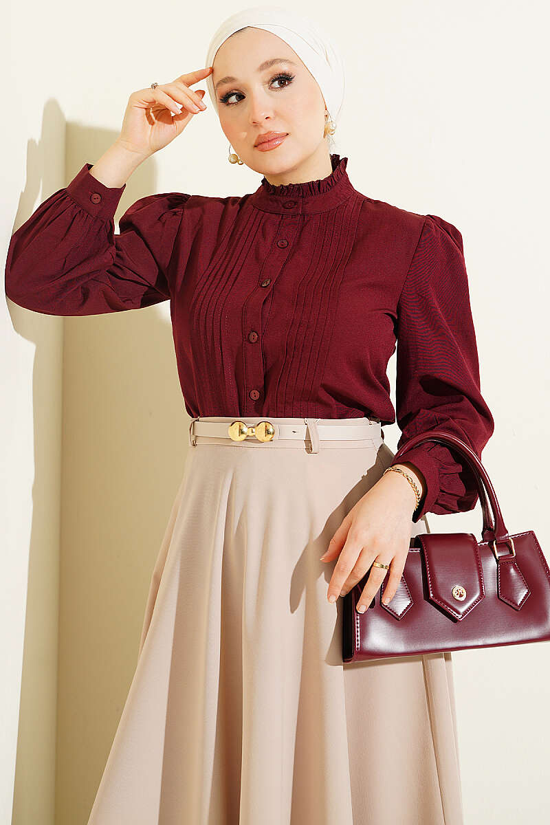 Short Shirt with Pintuck Front - Burgundy