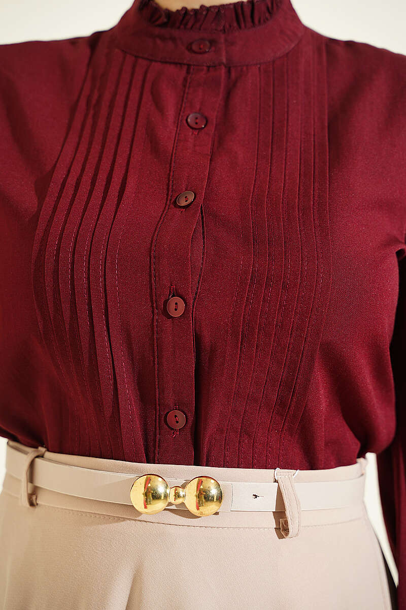 Short Shirt with Pintuck Front - Burgundy
