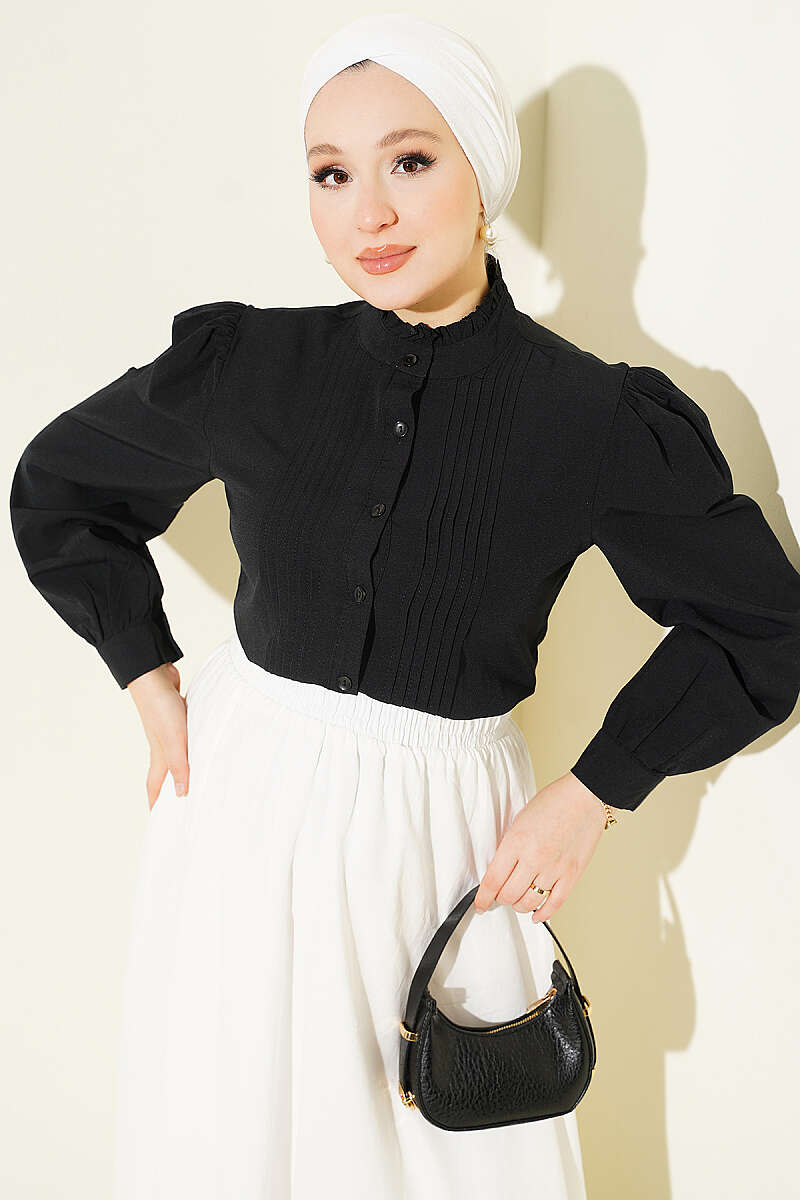 Short Shirt with Pintuck Front - Black