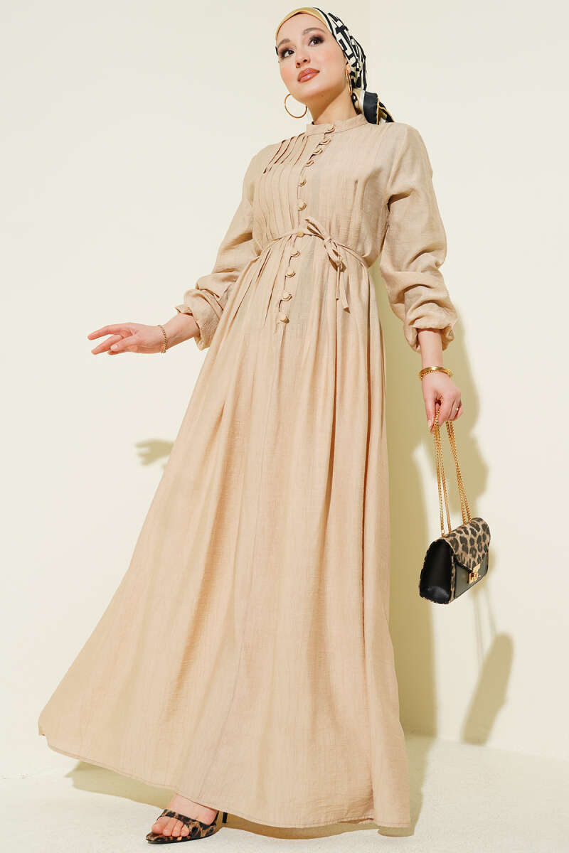Ribbed-Front Dress with Rivet Buttons - Beige