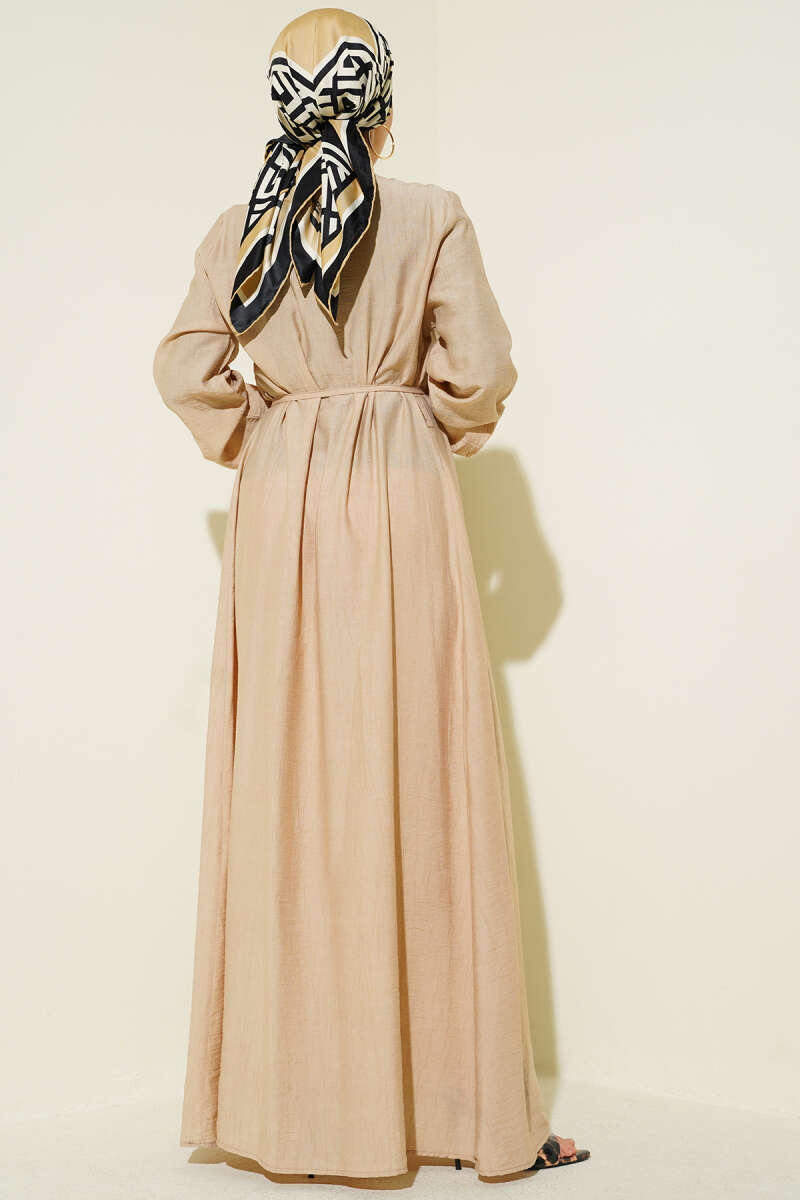 Ribbed-Front Dress with Rivet Buttons - Beige