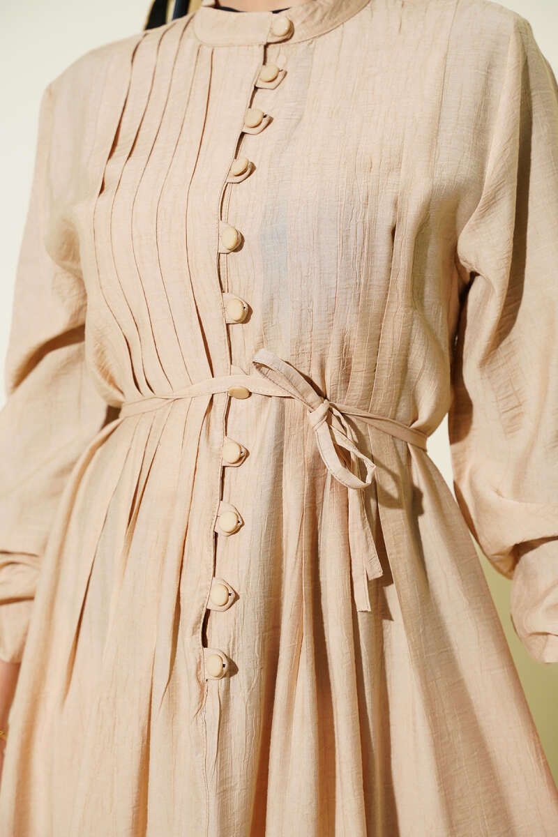 Ribbed-Front Dress with Rivet Buttons - Beige