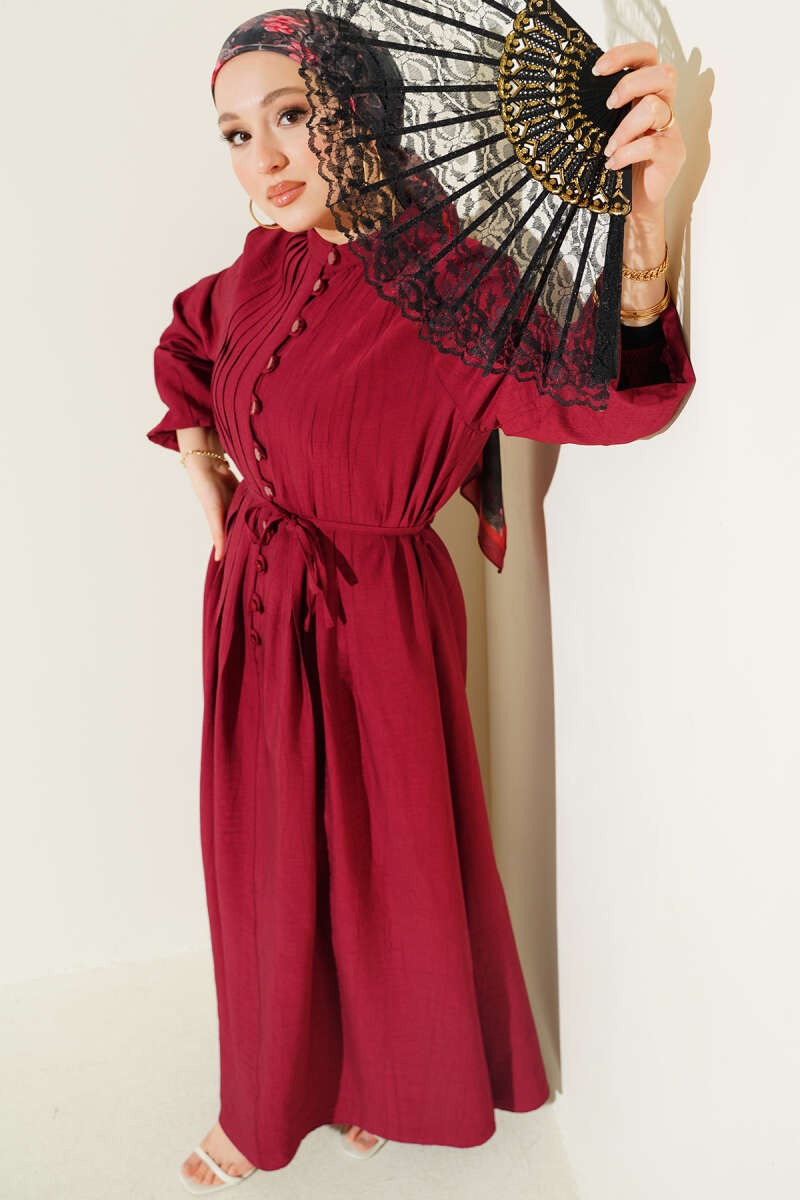 Ribbed-Front Dress with Rivet Buttons - Burgundy