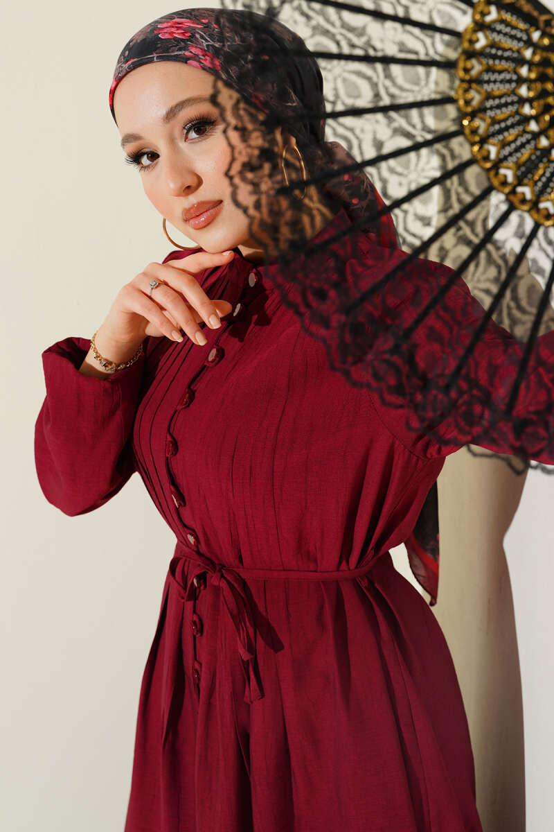 Ribbed-Front Dress with Rivet Buttons - Burgundy