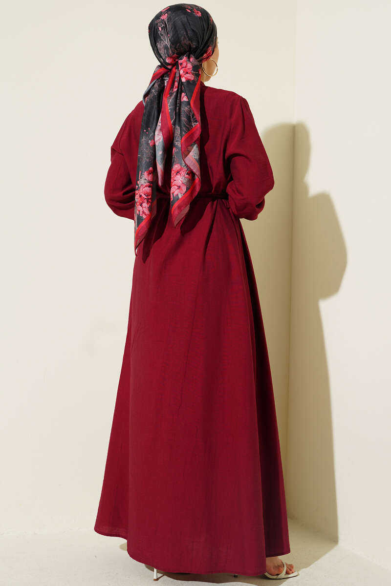 Ribbed-Front Dress with Rivet Buttons - Burgundy