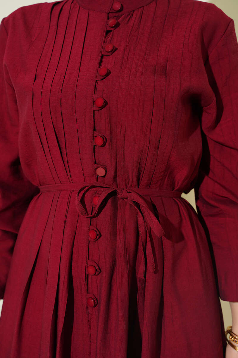 Ribbed-Front Dress with Rivet Buttons - Burgundy
