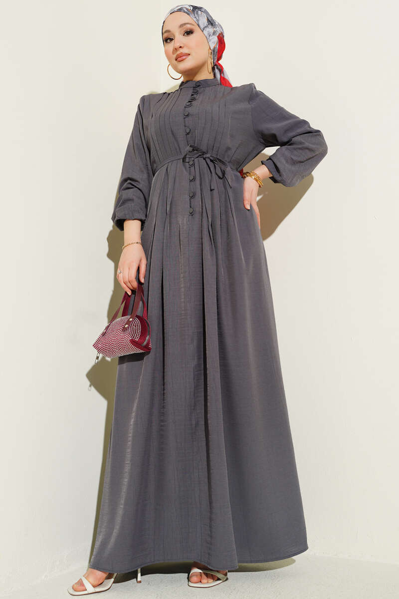 Ribbed-Front Dress with Rivet Buttons - Smoke Grey