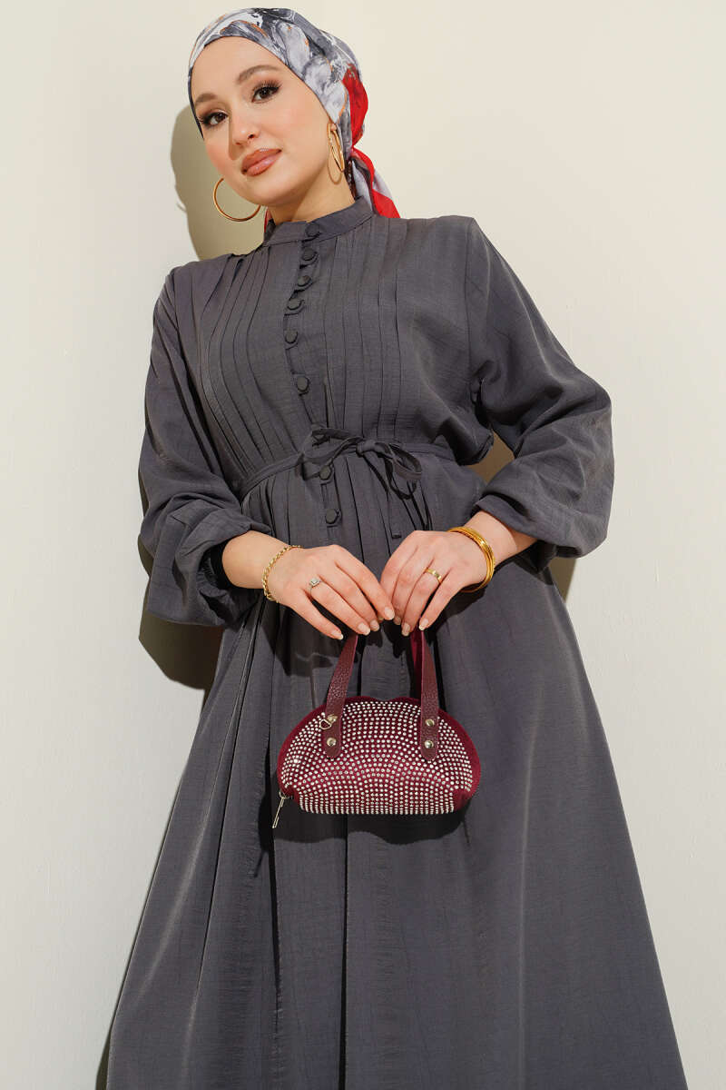 Ribbed-Front Dress with Rivet Buttons - Smoke Grey