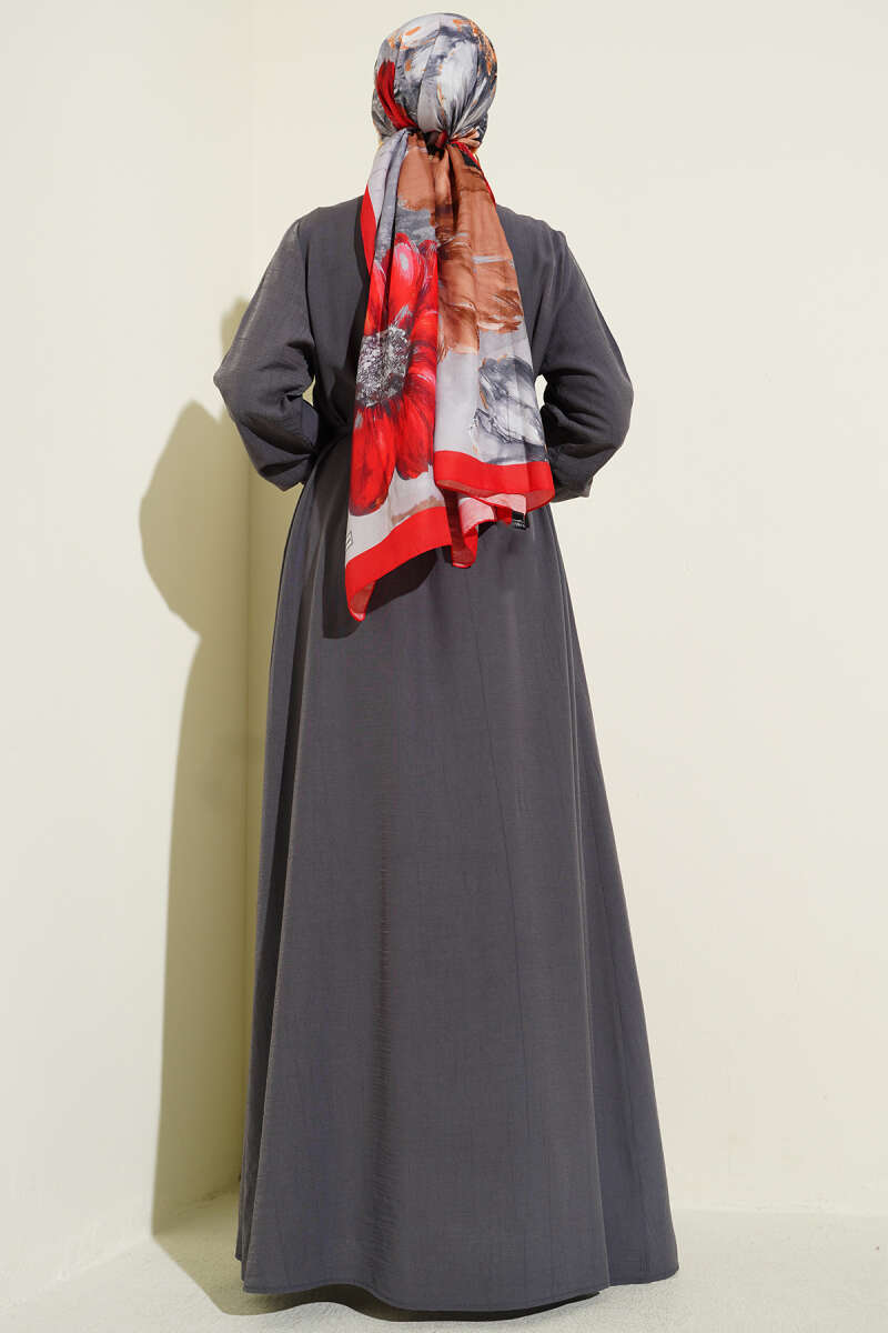 Ribbed-Front Dress with Rivet Buttons - Smoke Grey