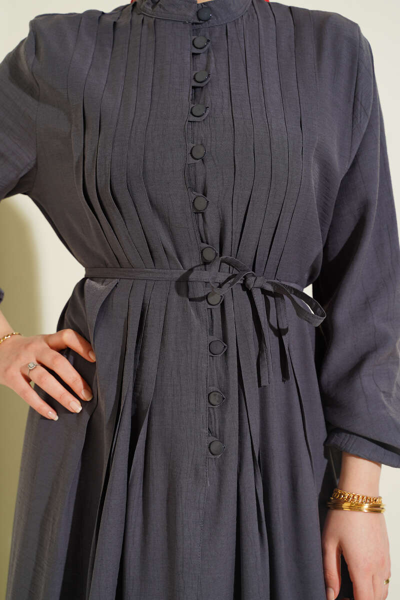 Ribbed-Front Dress with Rivet Buttons - Smoke Grey