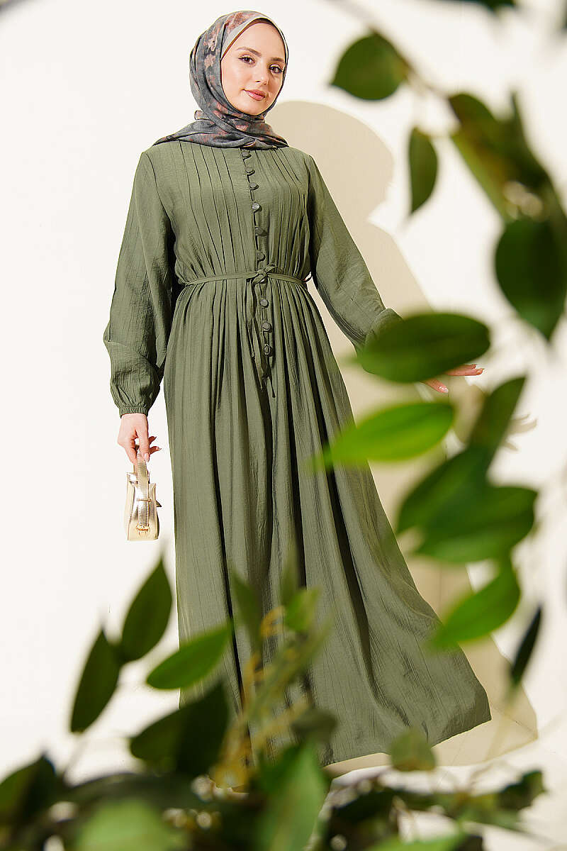 Ribbed-Front Dress with Rivet Buttons - Khaki