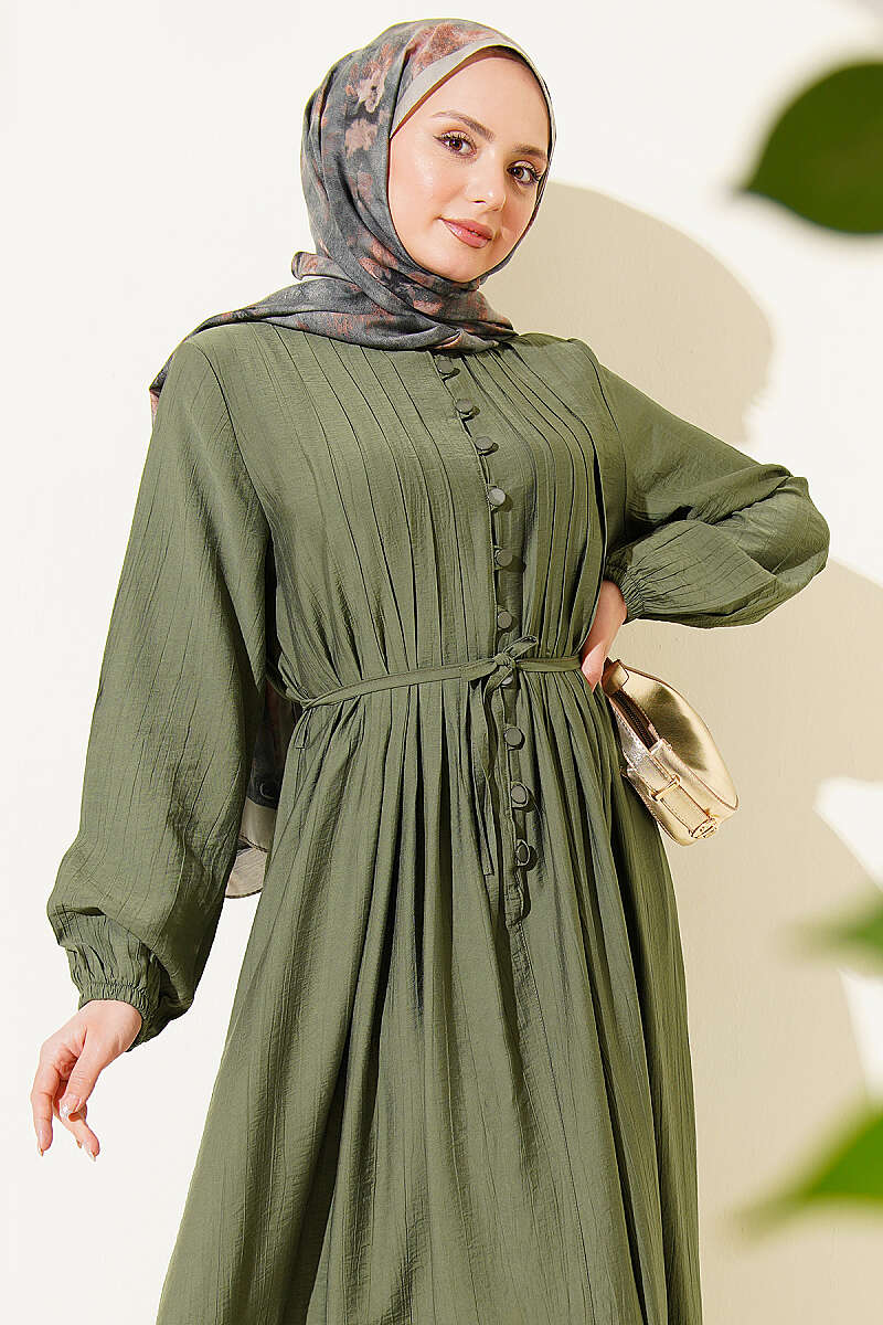 Ribbed-Front Dress with Rivet Buttons - Khaki