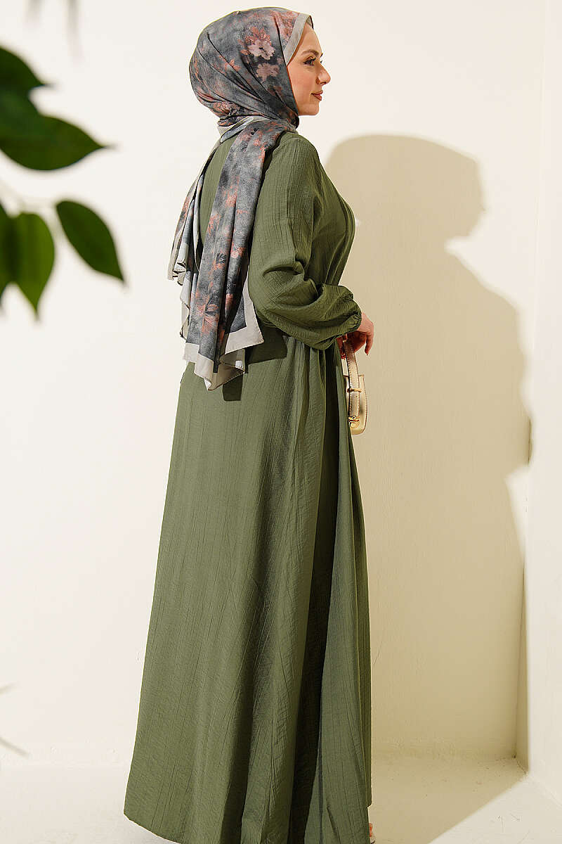 Ribbed-Front Dress with Rivet Buttons - Khaki