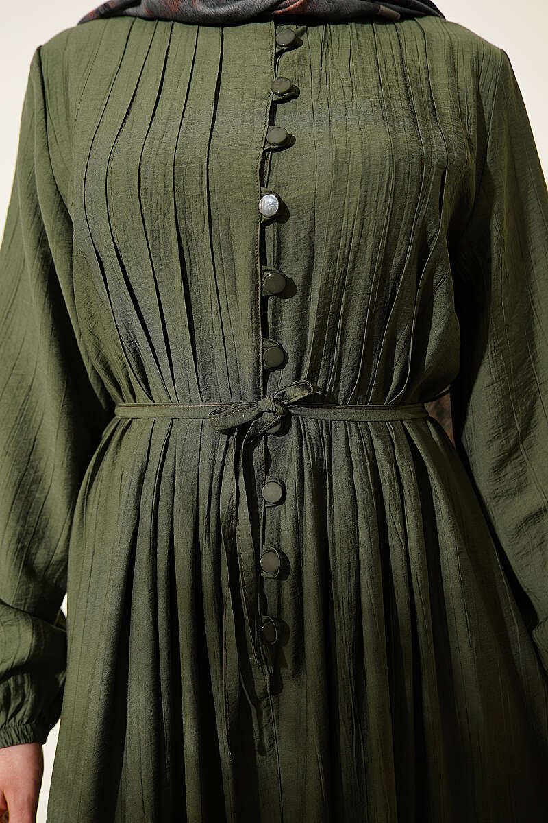 Ribbed-Front Dress with Rivet Buttons - Khaki