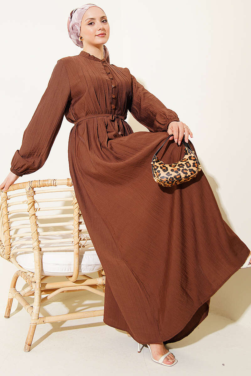 Ribbed-Front Dress with Rivet Buttons - Brown