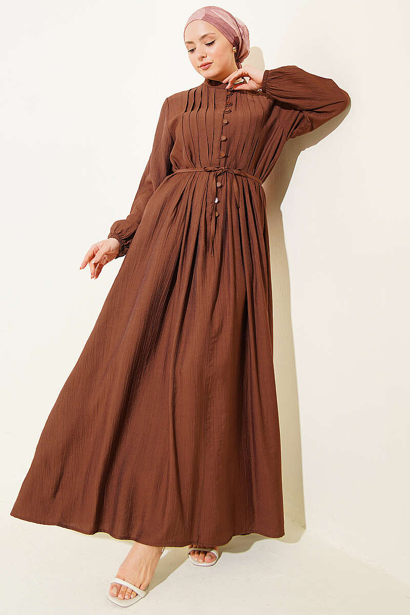 Ribbed-Front Dress with Rivet Buttons - Brown