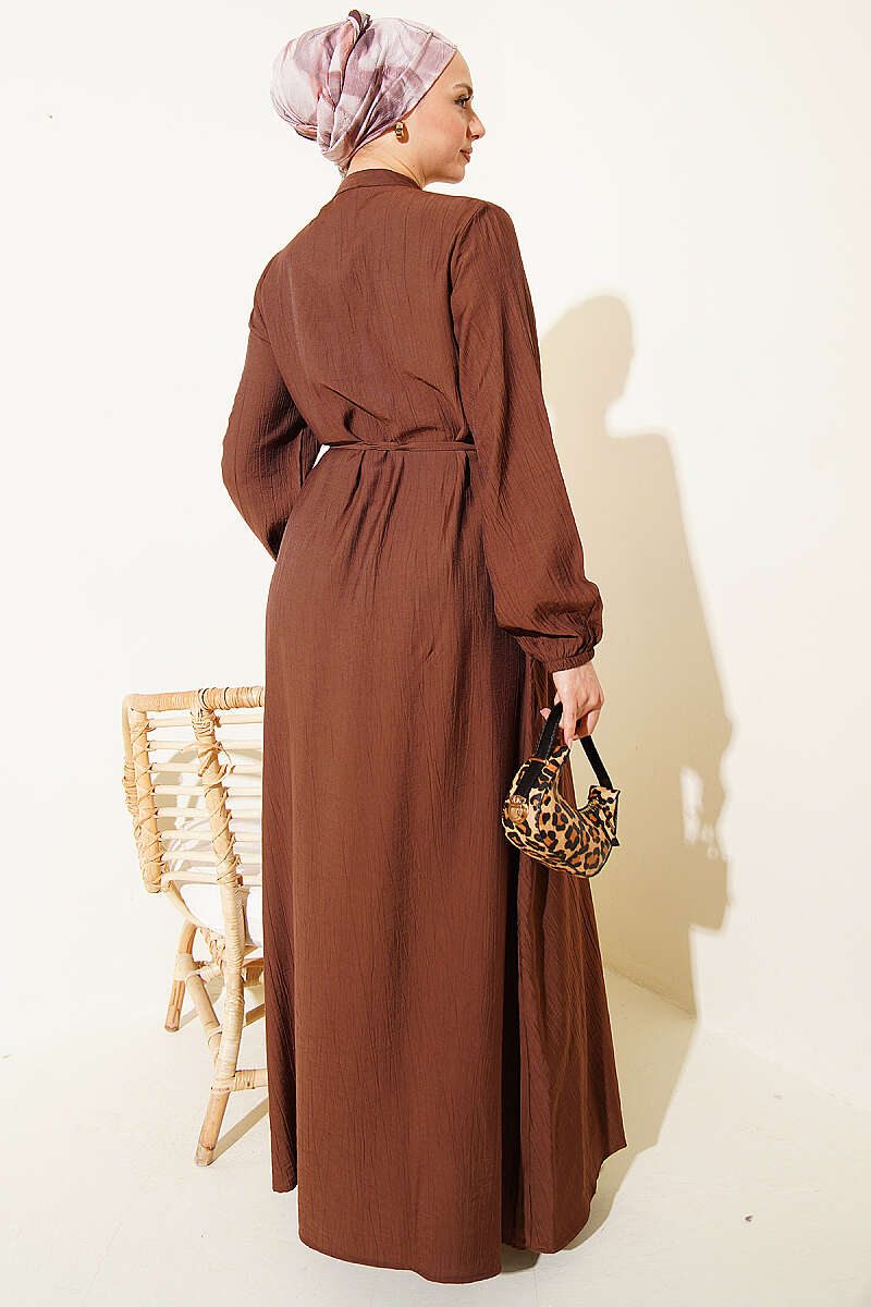 Ribbed-Front Dress with Rivet Buttons - Brown