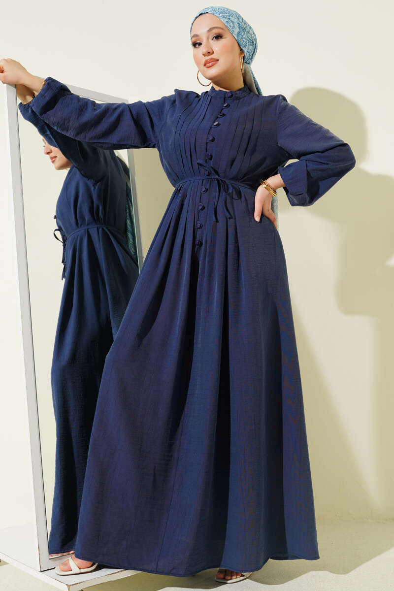 Ribbed-Front Dress with Rivet Buttons - Navy