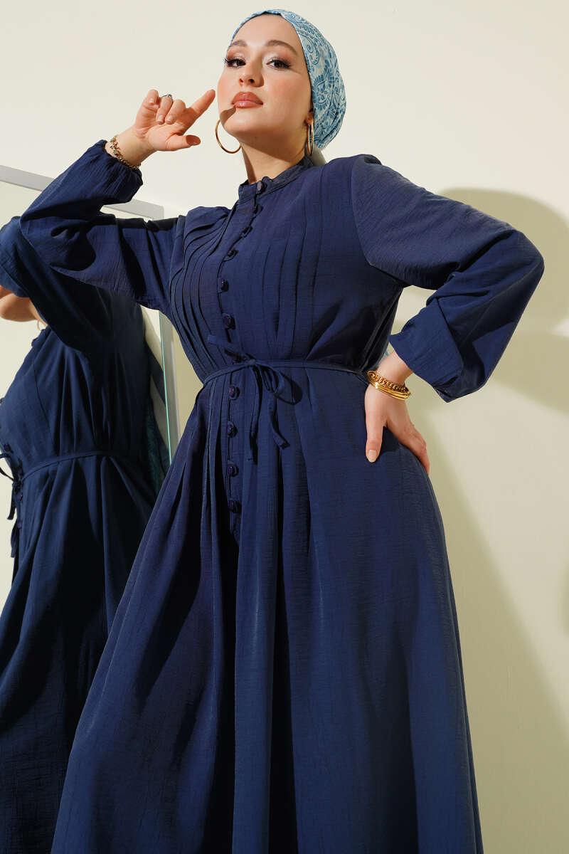 Ribbed-Front Dress with Rivet Buttons - Navy