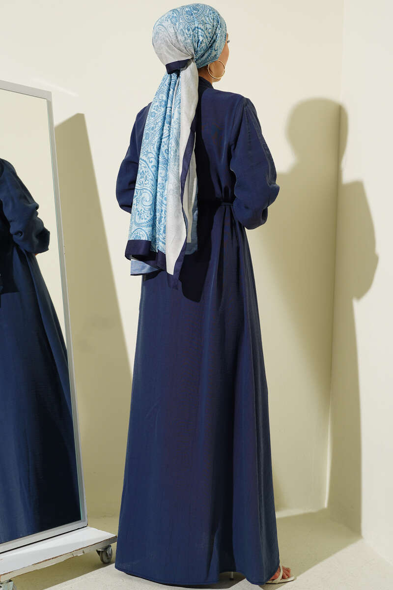 Ribbed-Front Dress with Rivet Buttons - Navy