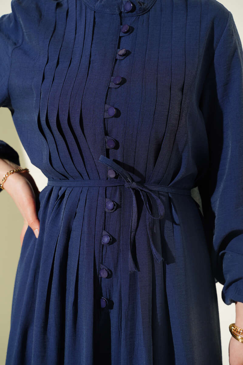 Ribbed-Front Dress with Rivet Buttons - Navy