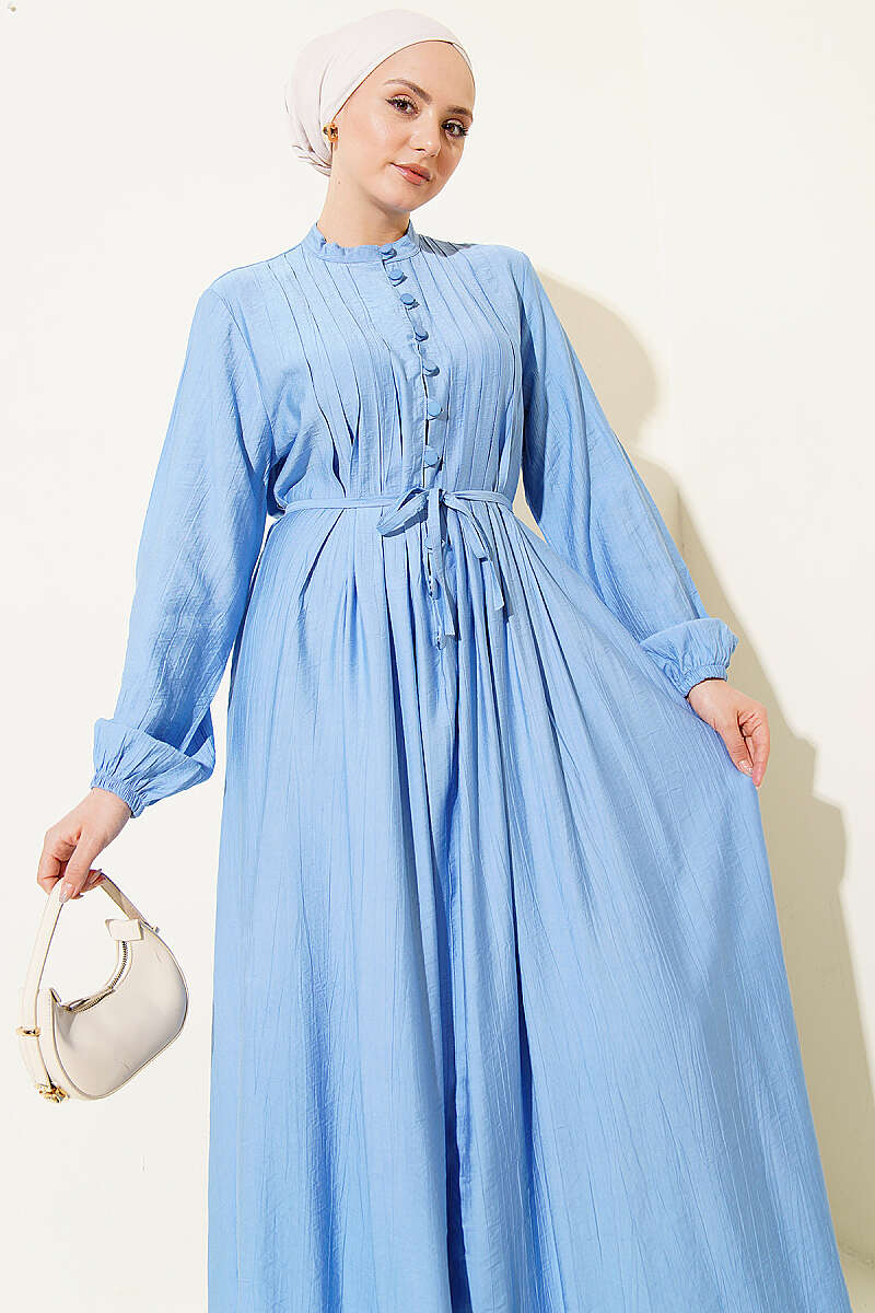 Ribbed-Front Dress with Rivet Buttons - Blue
