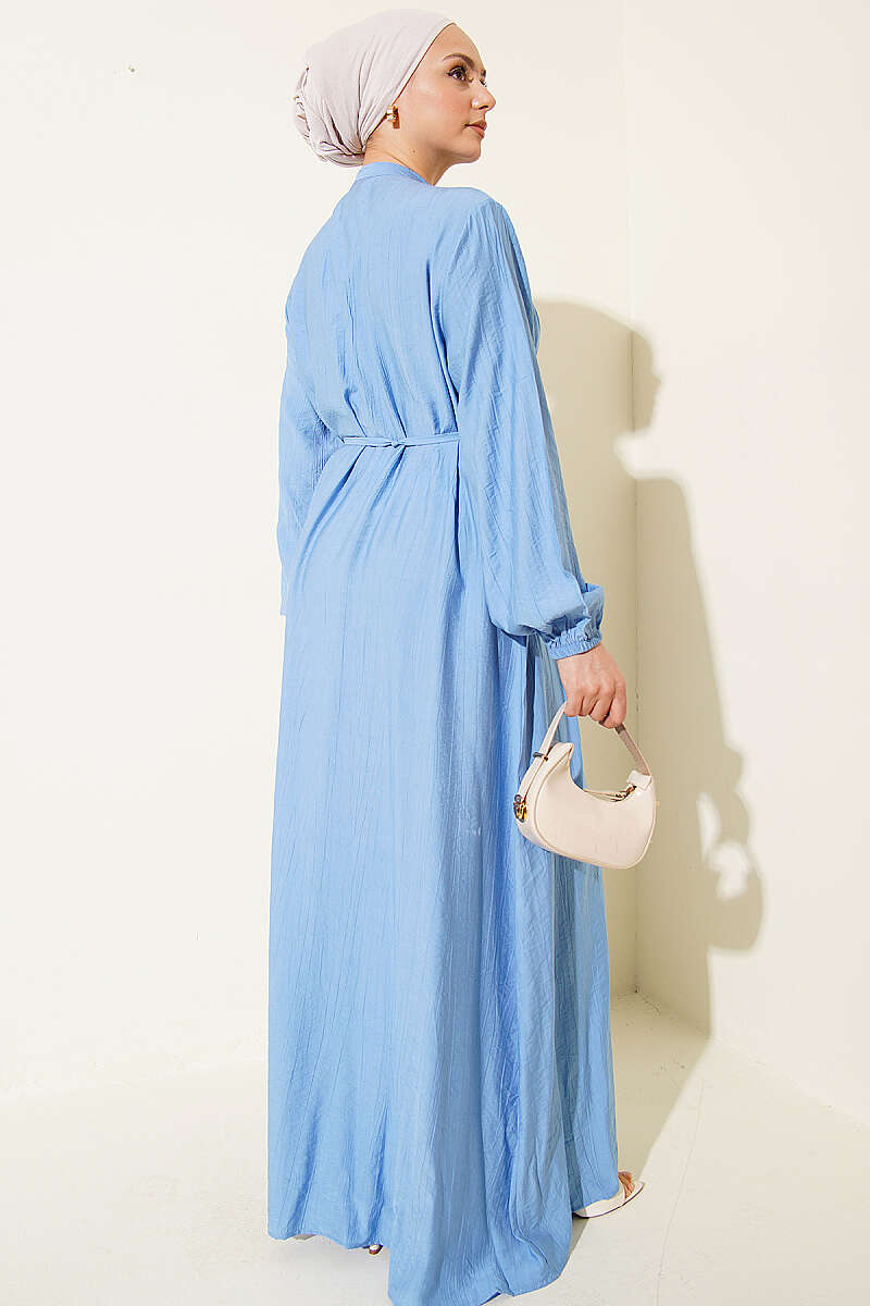 Ribbed-Front Dress with Rivet Buttons - Blue