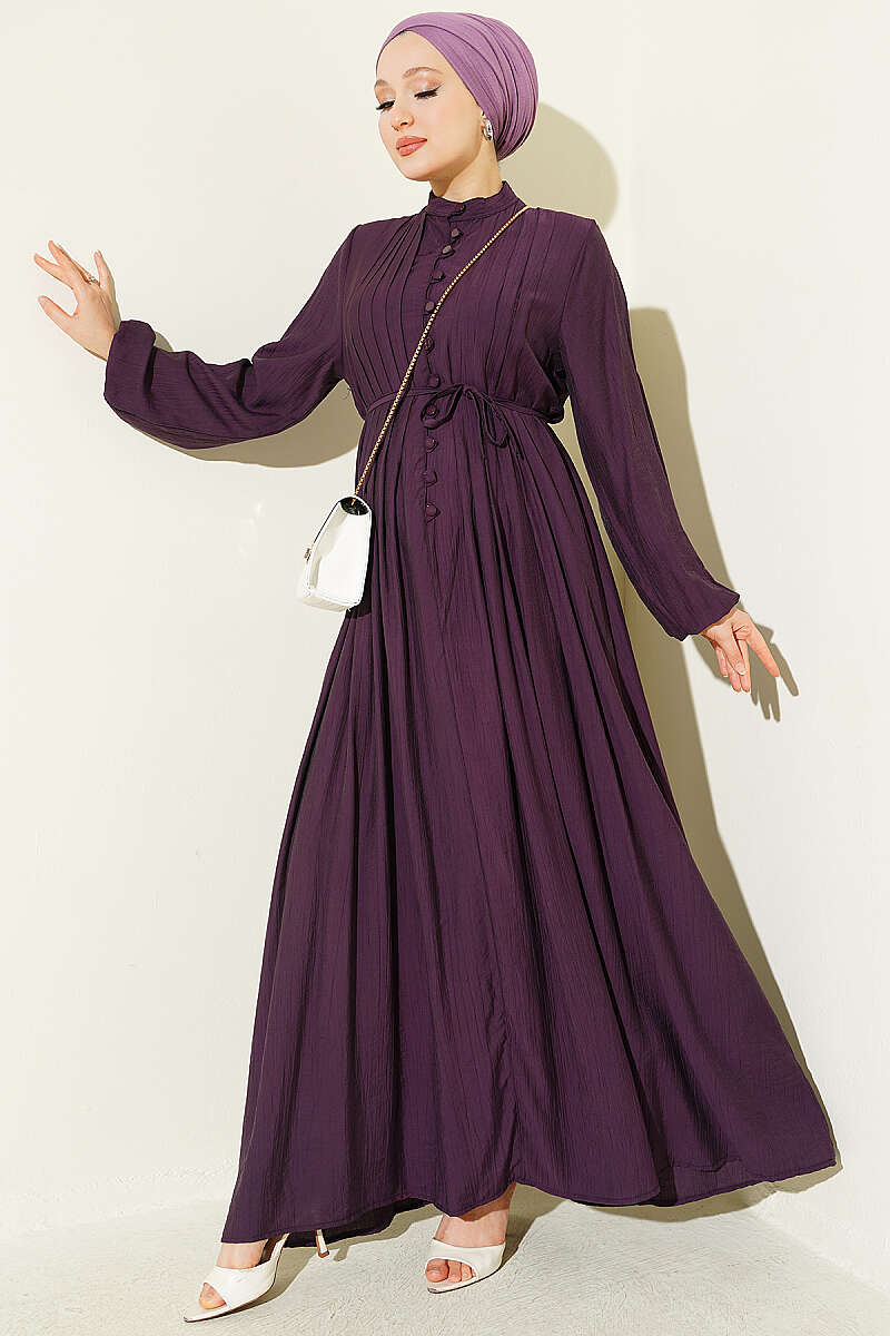 Ribbed-Front Dress with Rivet Buttons - Plum