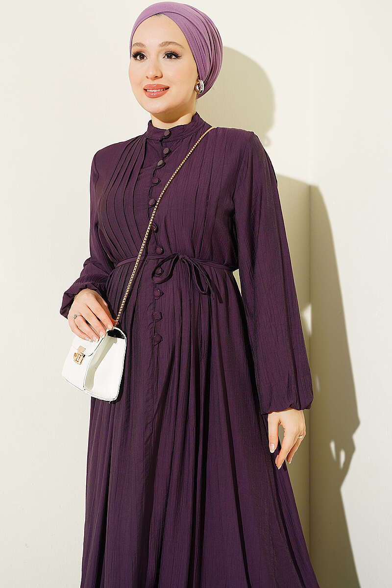 Ribbed-Front Dress with Rivet Buttons - Plum