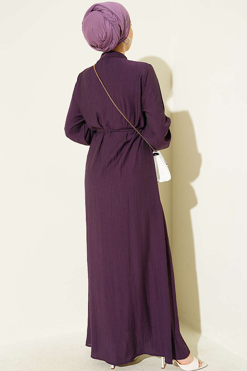 Ribbed-Front Dress with Rivet Buttons - Plum