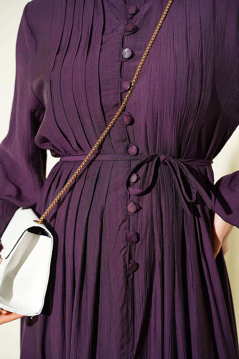 Ribbed-Front Dress with Rivet Buttons - Plum