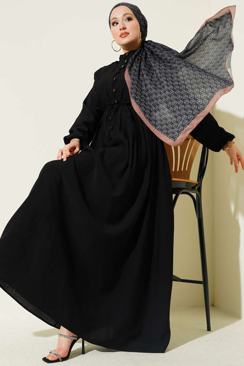Ribbed-Front Dress with Rivet Buttons - Black