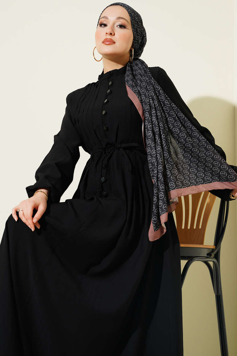 Ribbed-Front Dress with Rivet Buttons - Black