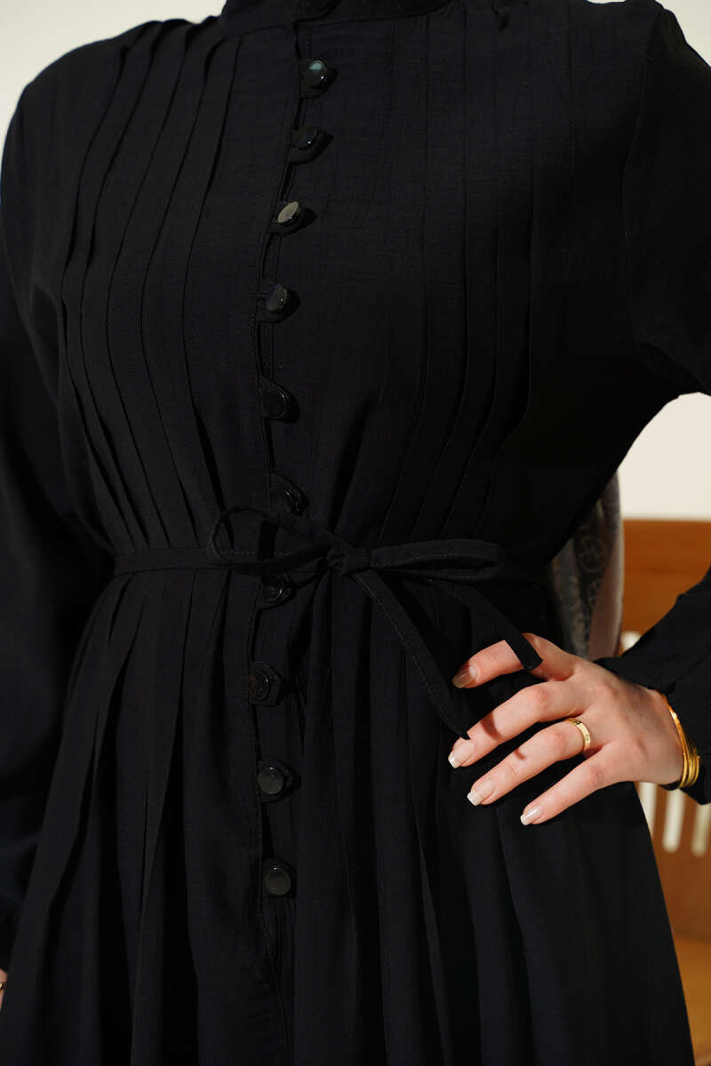 Ribbed-Front Dress with Rivet Buttons - Black