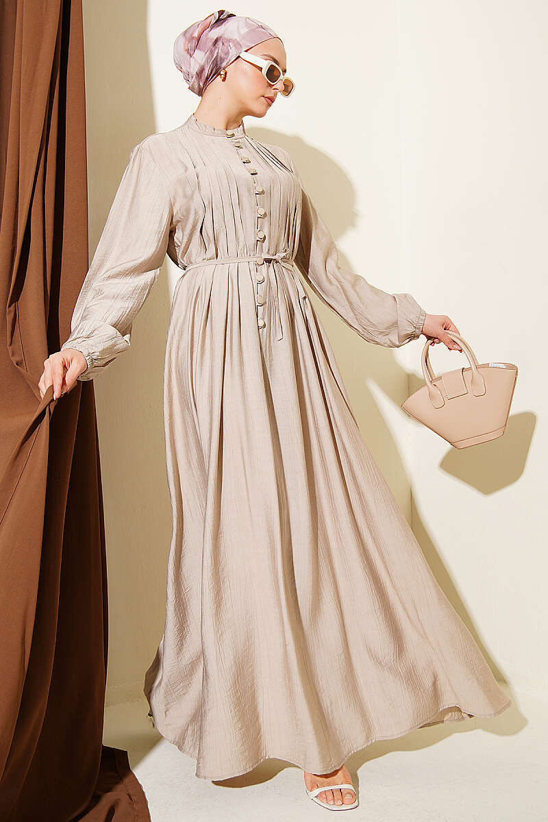 Ribbed-Front Dress with Rivet Buttons - Stone