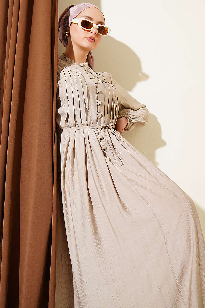 Ribbed-Front Dress with Rivet Buttons - Stone